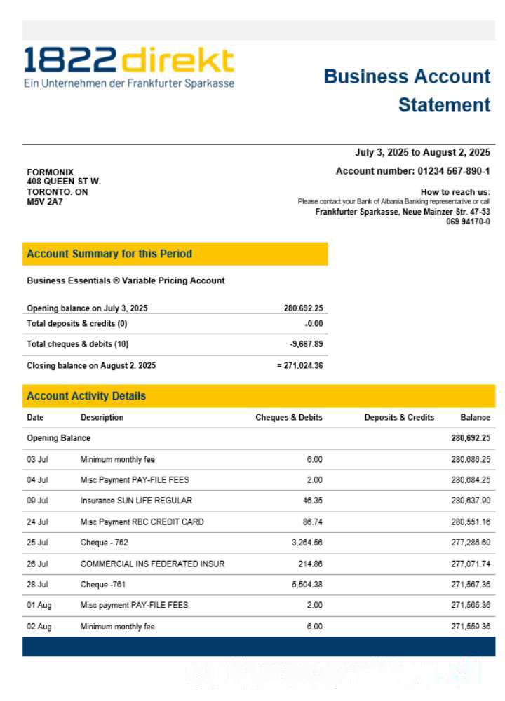1822direkt bank enterprise account statement Word and PDF template download template file
