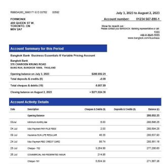 Bangkok Bank corporate checking account statement Word and PDF template download template file