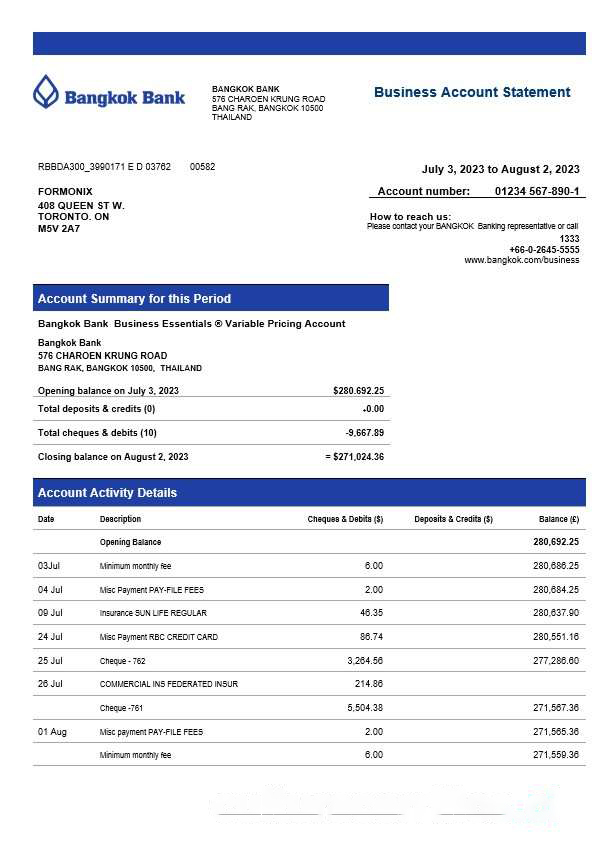Bangkok Bank corporate checking account statement Word and PDF template download template file