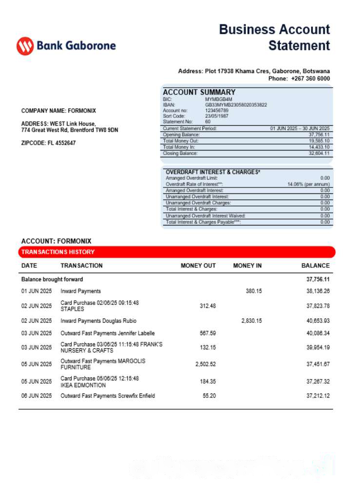 Bank Gaborone business firm statement Word and PDF format download template file