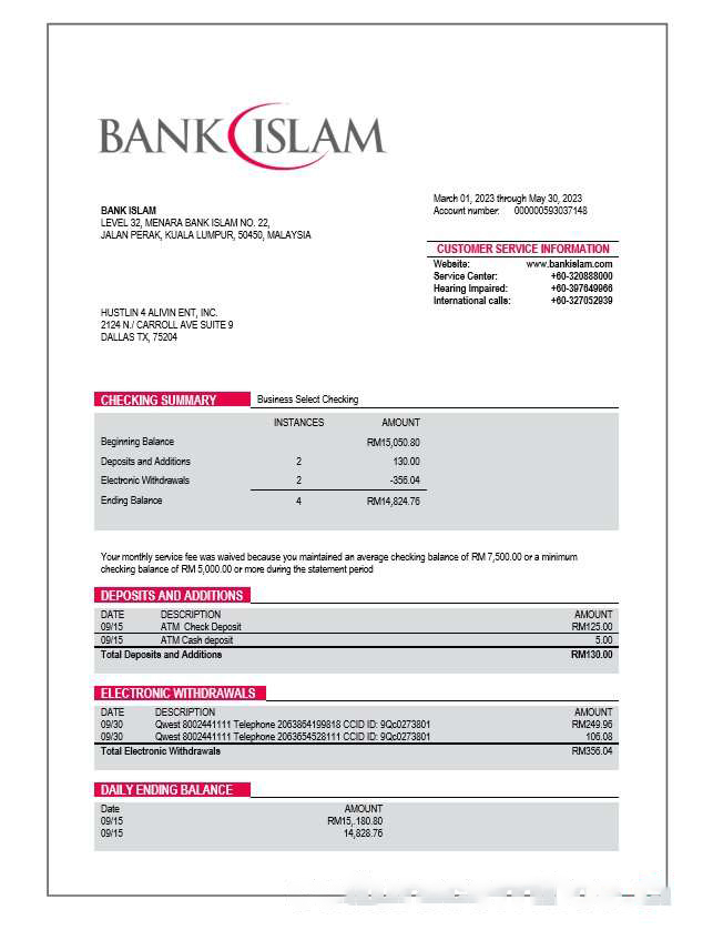 Bank Islam company account statement Word and PDF template download template file