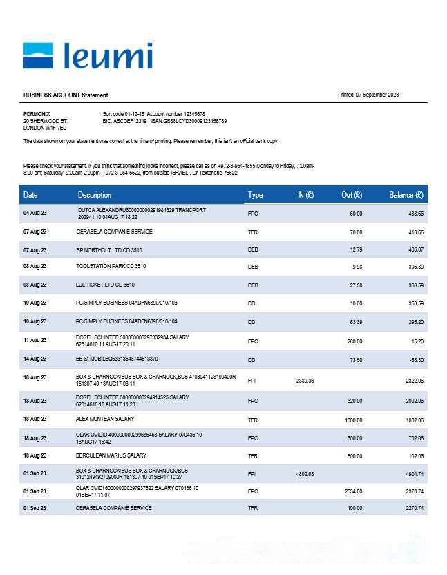 Bank Leumi business statement Word and PDF template download template file