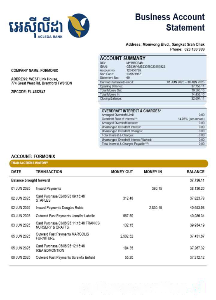Acleda company statement Word and PDF format download template file