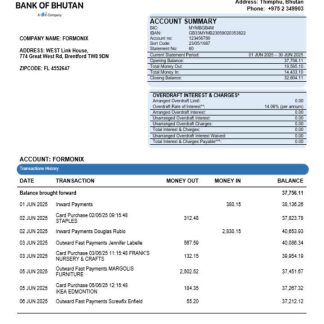 Bank of Bhutanese enterprise account statement Word and PDF template download template file