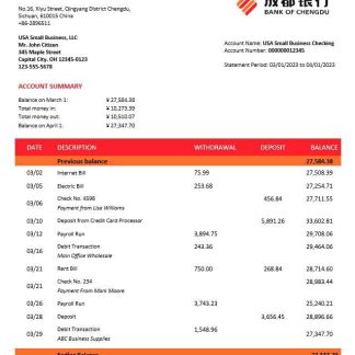 Bank of Chengdu business statement Word and PDF template download template file