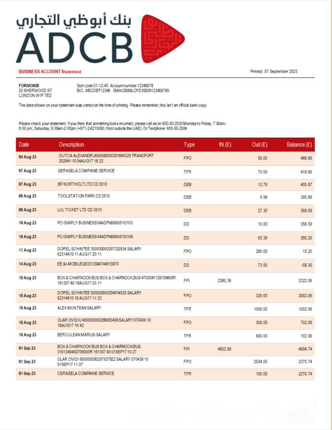 ADCB Bank company statement Word and PDF template download template file