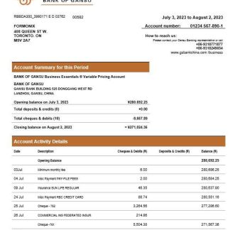 Bank of Gansu business checking account statement Word and PDF template download template file