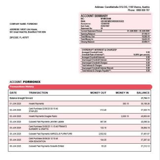 Addiko business bank organization account statement Word and PDF format download template file