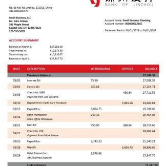 Bank of Jinzhou organization account statement Word and PDF template download template file