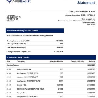 AFB business firm account bank statement Word and PDF format download template file