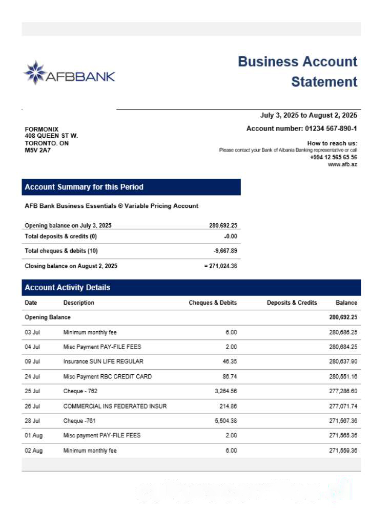 AFB business firm account bank statement Word and PDF format download template file