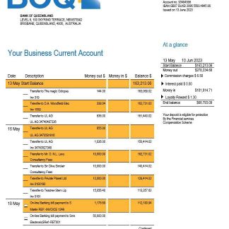 BANK of Queensland business checking account statement Word and PDF template download template file
