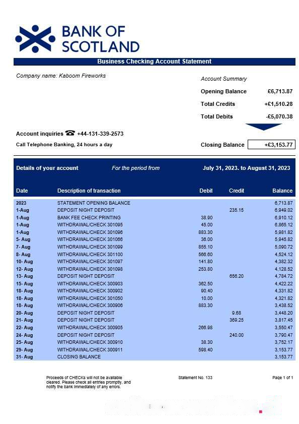 Bank of Scotland corporate checking account statement Word and PDF template download template file
