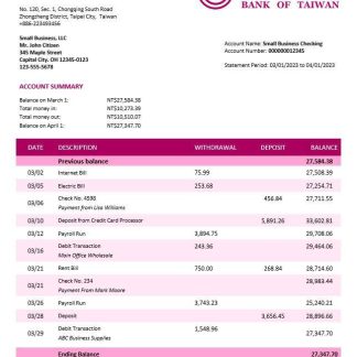 Bank of Taiwan company checking account statement Word and PDF template download template file
