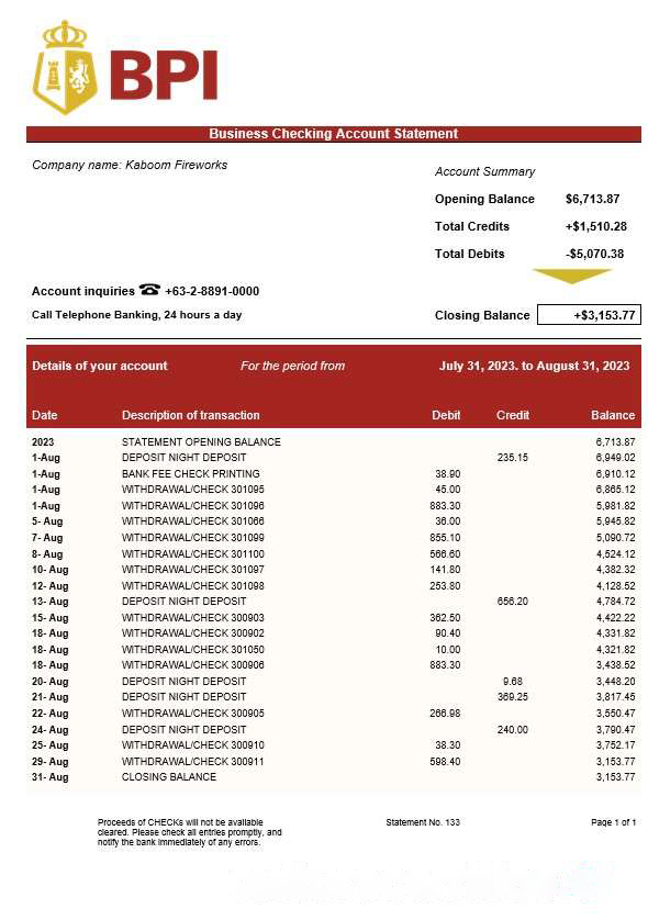 Bank of the Philippine Islands business statement Word and PDF template download template file