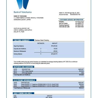 Bank of Yokohama company checking account statement Word and PDF template download template file