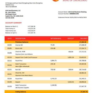 Bank of Zhengzhou firm account statement Word and PDF template download template file