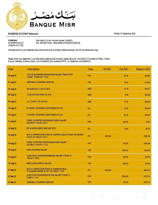Banque Misr organization checking account statement Word and PDF template download template file