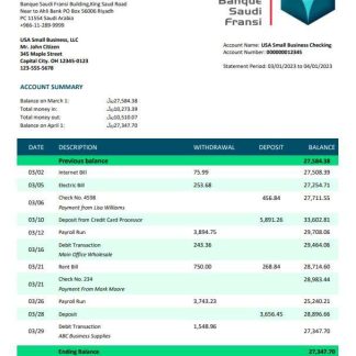 Banque Saudi Fransi company checking account statement Word and PDF template download template file