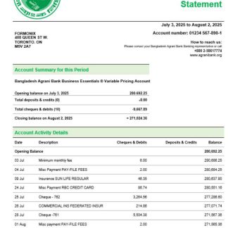 Agrani Bank firm account statement Word and PDF template download template file