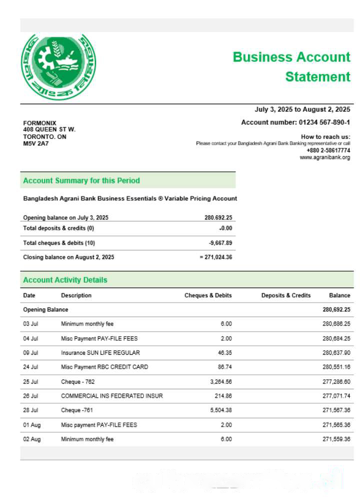 Agrani Bank firm account statement Word and PDF template download template file