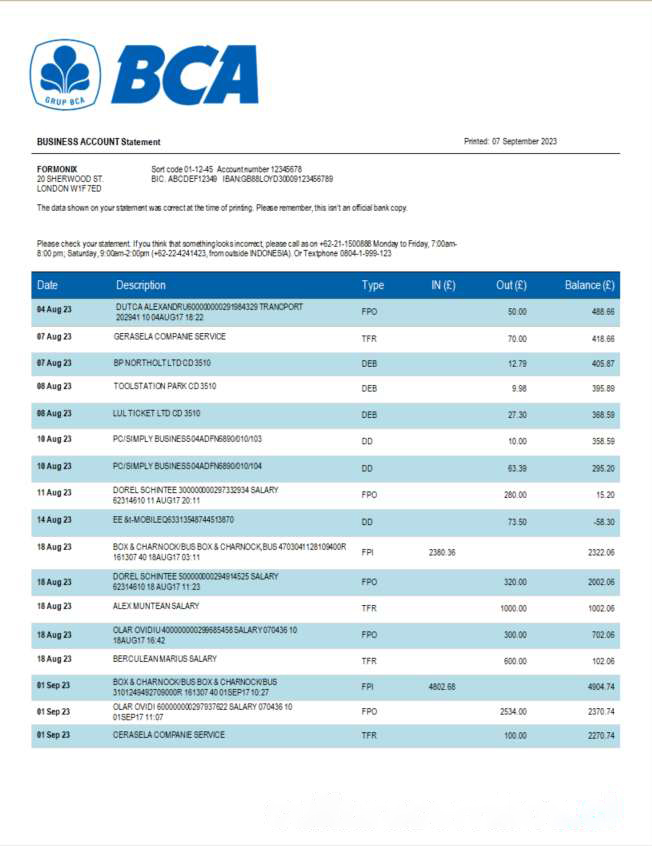 BCA Bank organization statement Word and PDF template download template file