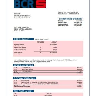 BCR Bank company checking account statement Word and PDF template download template file