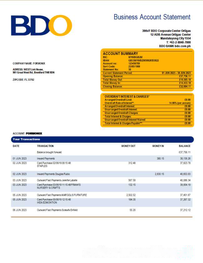 BDO Bank organization statement Word and PDF template download template file