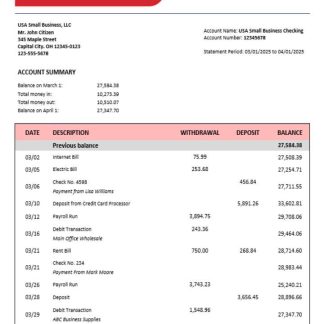 BECU business bank statement Word and PDF format download template file
