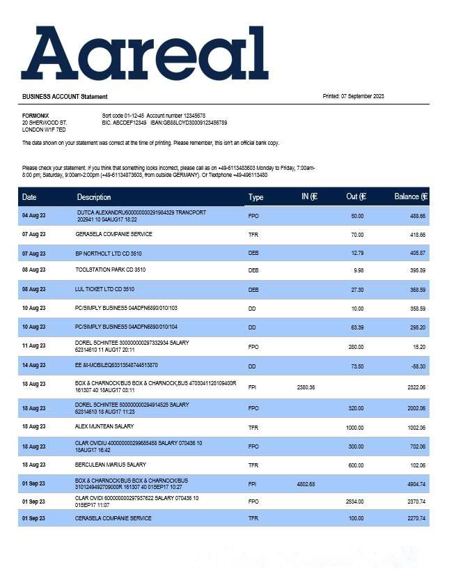 Aareal Bank firm account statement Word and PDF template download template file