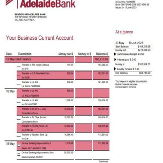 Bendigo and Adelaide Bank company account statement Word and PDF template download template file