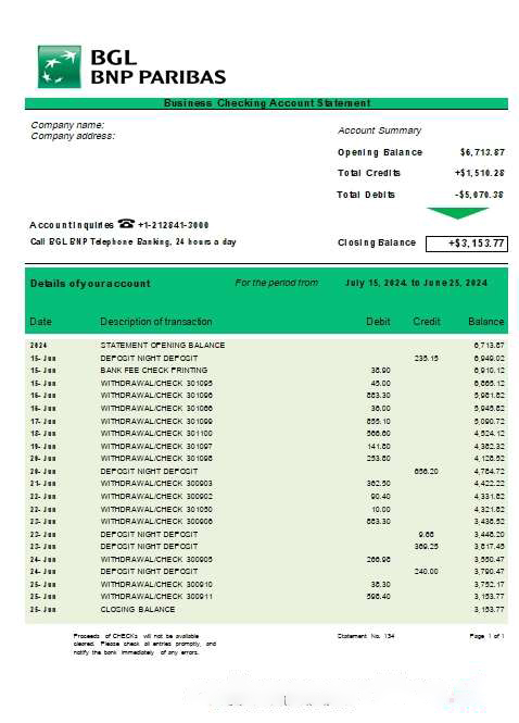 BGL BNP Paribas business checking account statement Word and PDF template scr download template file