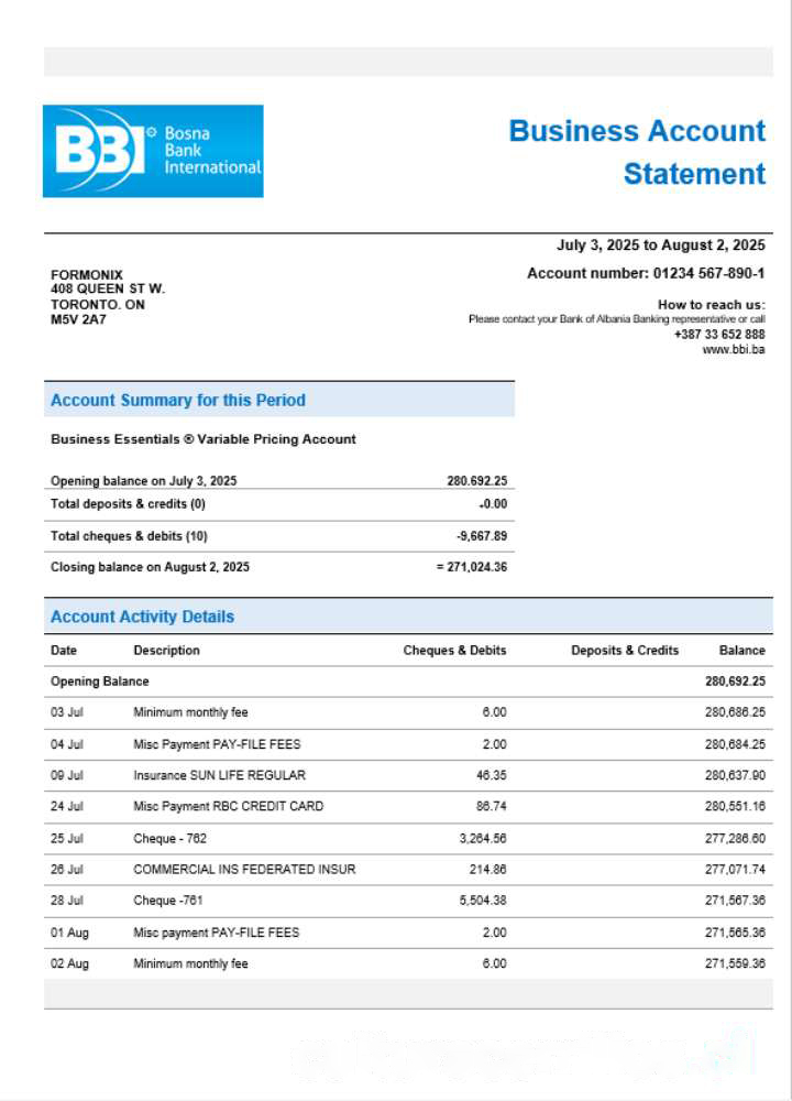 Bosna Bank firm account statement Word and PDF format download template file