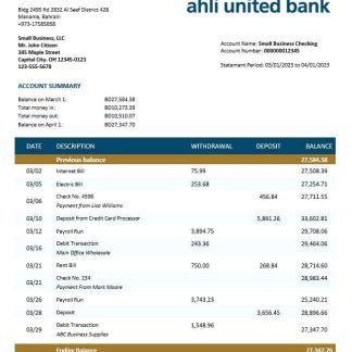 Ahli United Bank firm account statement Word and PDF template download template file