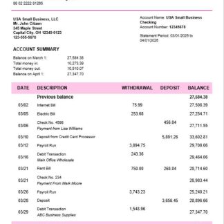 BRAC corporate checking account statement Word and PDF template download template file