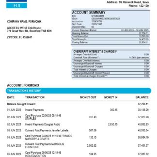 Bred bank firm account statement Word and PDF format download template file