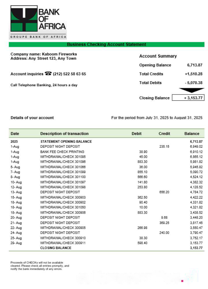 Burundi Bank of Africa bank organization checking account statement Word and PDF format download template file