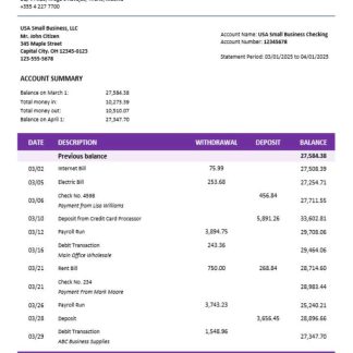 Butterfield bank organization checking account statement Word and PDF format download template file