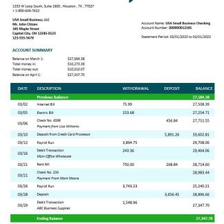 Cadence Bank corporate checking account statement Word and PDF template download template file