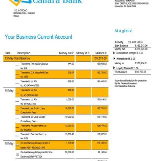 Canara Bank corporate checking account statement Word and PDF template download template file