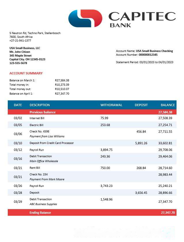 Capitec Bank firm account statement Word and PDF template download template file