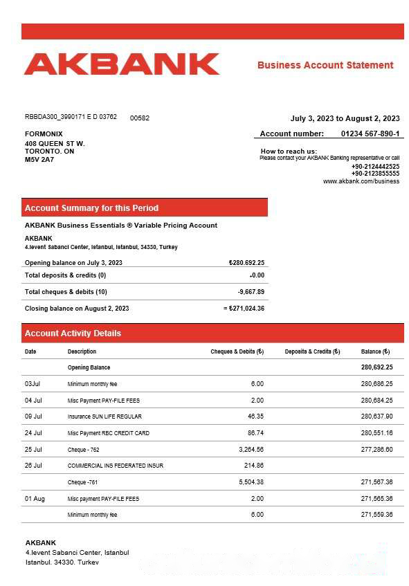 Akbank enterprise account statement Word and PDF template download template file
