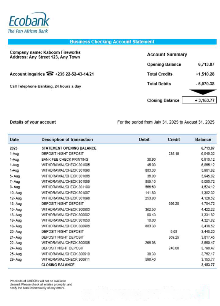 Chad Ecobank organization checking account statement Word and PDF template download template file