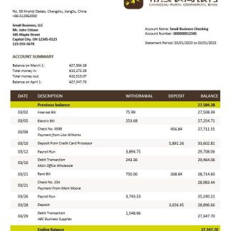 Changshu Rural Commercial Bank firm account statement Word and PDF template download template file