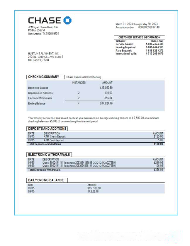 Chase bank business checking account statement Word and PDF template download template file