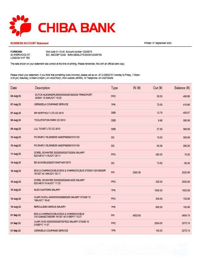 Chiba Bank company checking account statement Word and PDF template download template file