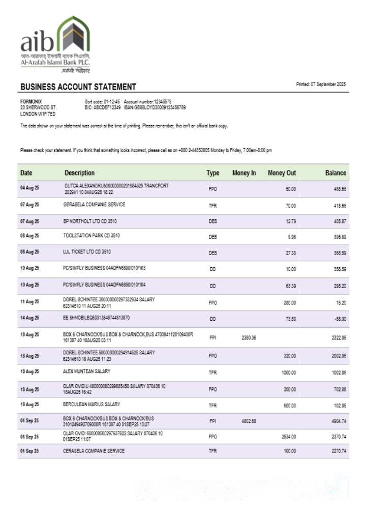 Al Arafah Islami Bank business account statement Word and PDF template download template file