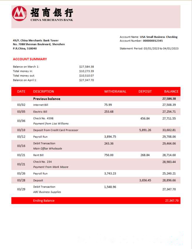 China Merchants bank firm account statement Word and PDF template download template file