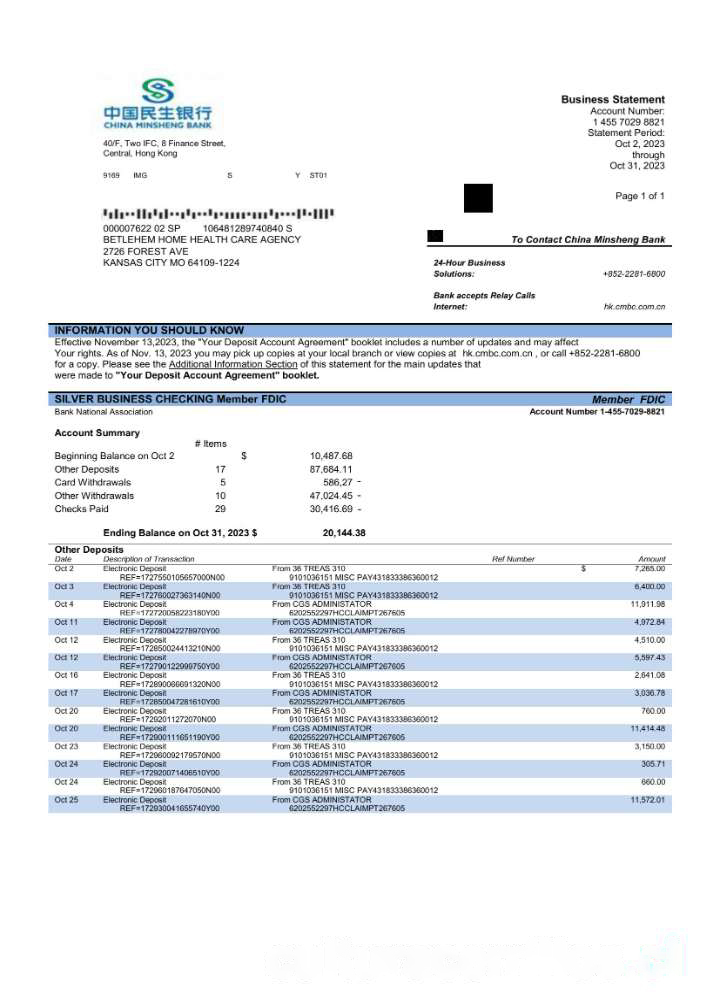 China Minsheng Bank firm account statement Word and PDF template download template file