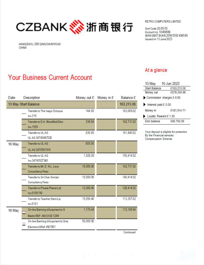 China Zheshang Bank business bank statement Word and PDF template download template file